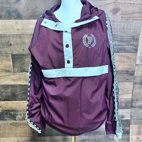 NEW PINK Victoria's Secret XS/S bling sequin snap burgundy windbreaker jacket - Picture 1 of 9